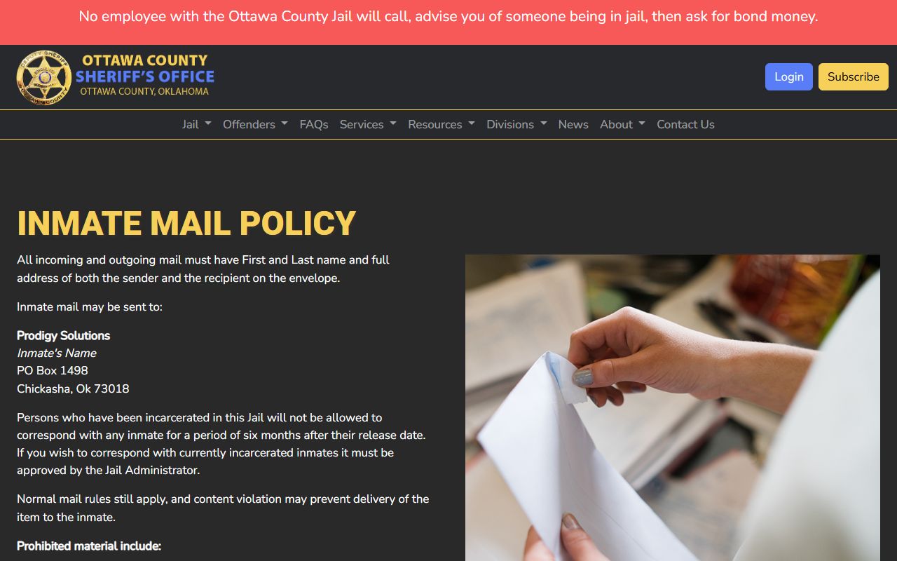 Ottawa County Jail inmate mail policy and address