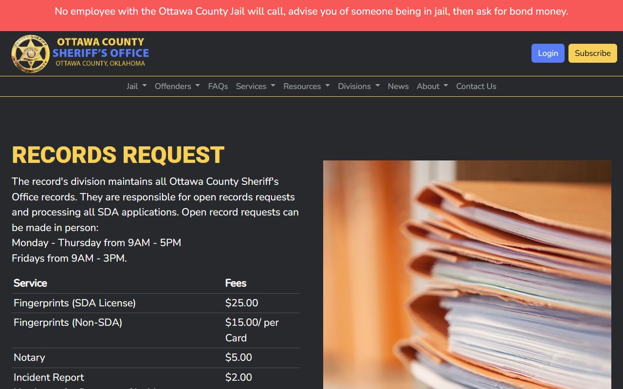 Ottawa County Sheriff's Office records request form for inmate and jail records
