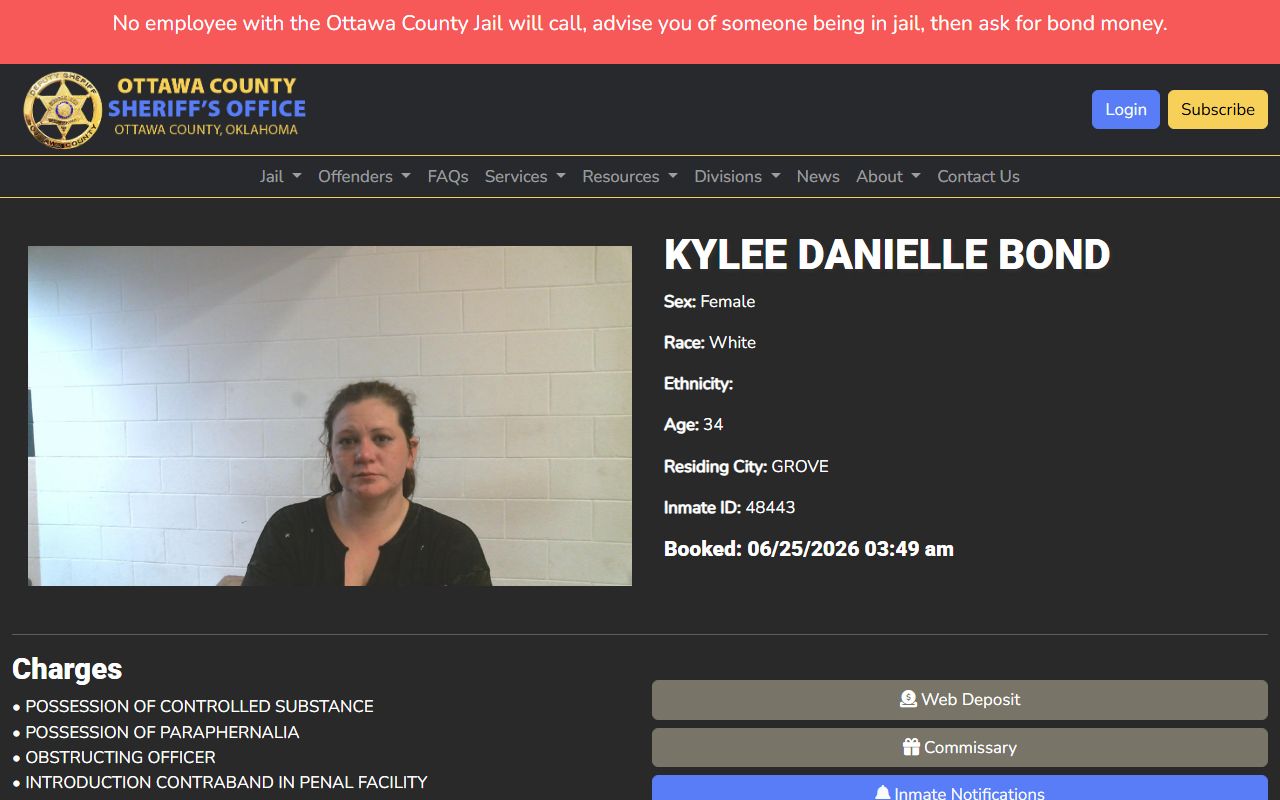 Ottawa County inmate population booking profile with mugshot and charges